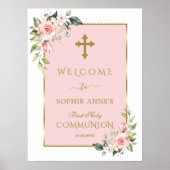Elegante roze bloemen Heilige Communie Welkomstbor Poster (Voorkant)