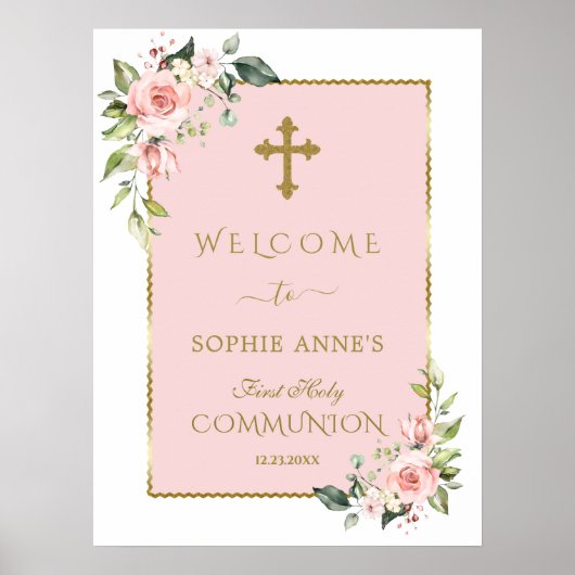 Elegante roze bloemen Heilige Communie Welkomstbor Poster (Voorkant)