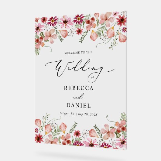 Elegante Roze Bloemen Huwelijk Acryl Welkom Teken Acryl Bord (Hoek)