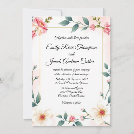 Elegante Roze Bloemen Huwelijksuitnodiging Sjabloo Kaart (Voorkant)