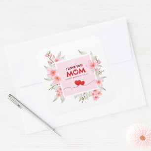 Elegante Roze Bloemen "Ik Hou van Jou Mama" Moeder Vierkante Sticker