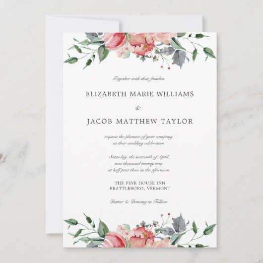 Elegante roze bloemen & kalligrafie bruiloft kaart (Voorkant)