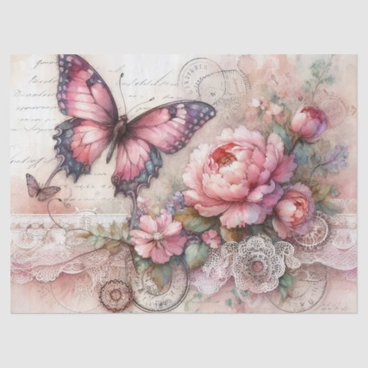 Elegante Roze Bloemen & Kant Vintage Decoupage Tissuepapier (Voorkant)