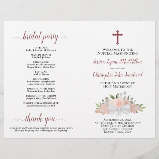 Elegante roze bloemen katholieke bruiloft programm (Voorkant)