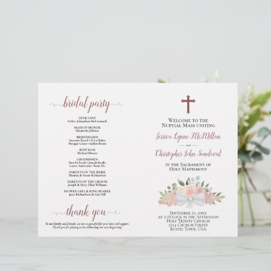 Elegante roze bloemen katholieke bruiloft programm (Staand voorkant)
