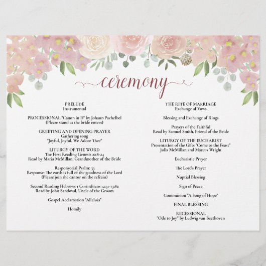 Elegante roze bloemen katholieke bruiloft programm (Achterkant)