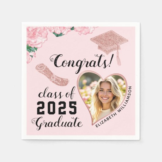 Elegante Roze Bloemen Klasse 2025 Afstuderen Servet (Voorkant)