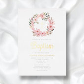 Elegante Roze Bloemen Krans Meisje Doop Folie Uitnodiging