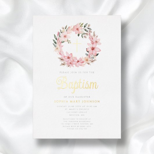 Elegante Roze Bloemen Krans Meisje Doop Folie Uitnodiging