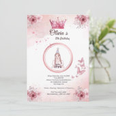 Elegante Roze Bloemen Kroon 15e verjaardag Uitnodi (Staand voorkant)