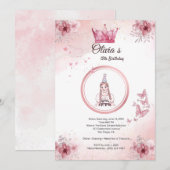 Elegante Roze Bloemen Kroon 15e verjaardag Uitnodi (Voorkant / Achterkant)