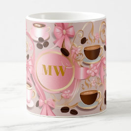 Elegante roze bloemen & lint custom monogram koffiemok