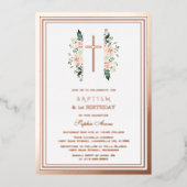 Elegante Roze Bloemen Meisje 1e Verjaardag Doop Folie Uitnodiging (Voorkant)