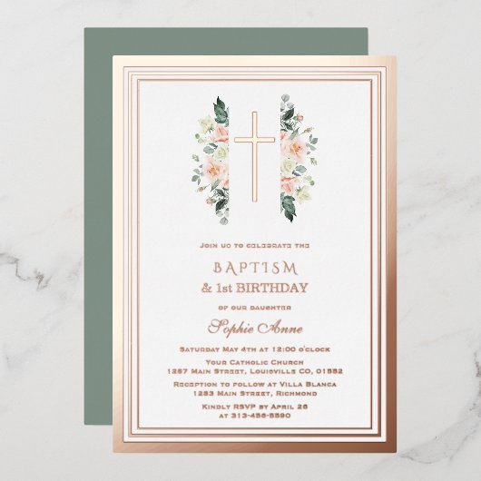 Elegante Roze Bloemen Meisje 1e Verjaardag Doop Folie Uitnodiging (Voorkant / Achterkant)