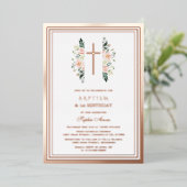 Elegante Roze Bloemen Meisje 1e Verjaardag Doop Folie Uitnodiging (Staand Voorkant)