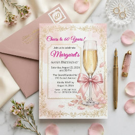 Elegante Roze Bloemen met Champagne 60e Verjaardag Kaart