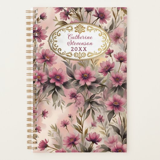 Elegante roze bloemen met luxe gouden Lijst Planner (Voorkant)