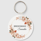 Elegante Roze Bloemen Met Naam Bruidsmeisje Sleutelhanger (Voorkant)
