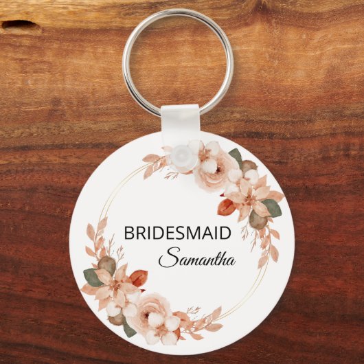 Elegante Roze Bloemen Met Naam Bruidsmeisje Sleutelhanger (Voorkant)