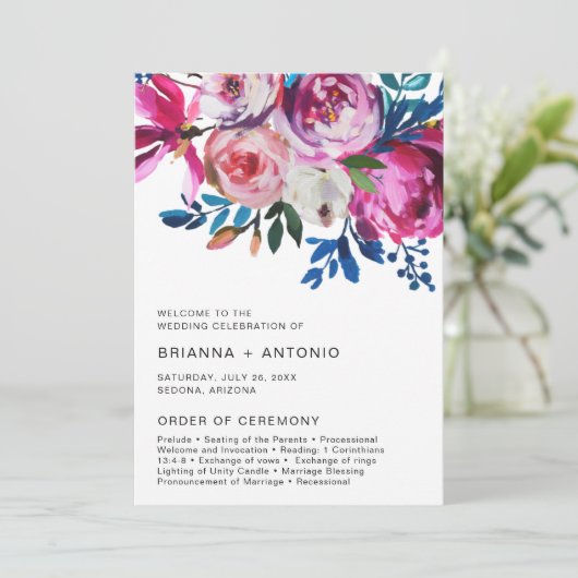 Elegante Roze Bloemen Moderne bruiloft programma Programmakaart (Staand voorkant)