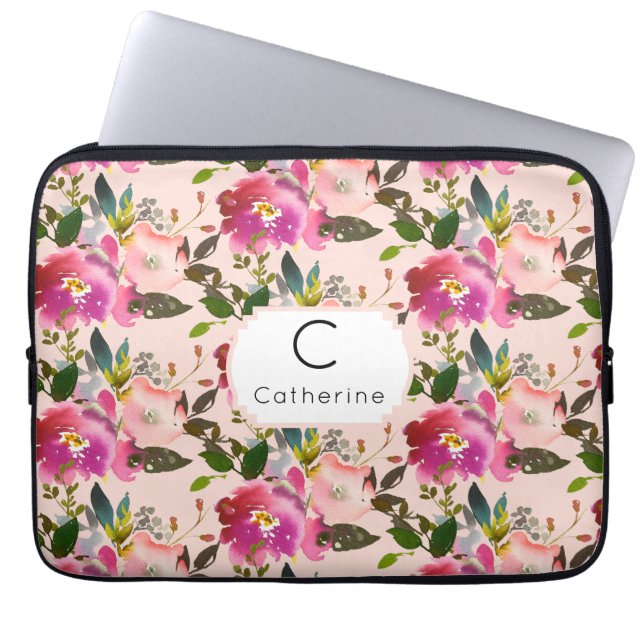 Elegante Roze Bloemen Monogram Laptop Mouw Laptop Sleeve (Voorkant)