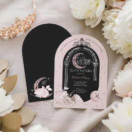 Elegante roze bloemen Moon Stars Tiara Quinceañera Kaart