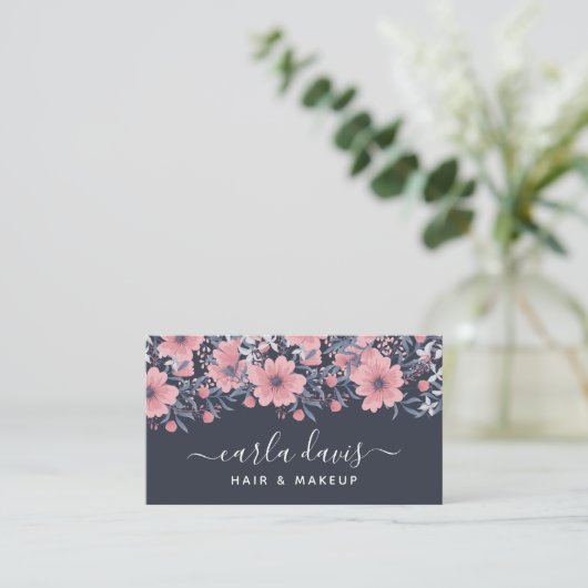 Elegante Roze Bloemen Navy Waterverf Bedrijf Visitekaartje (Staand voorkant)