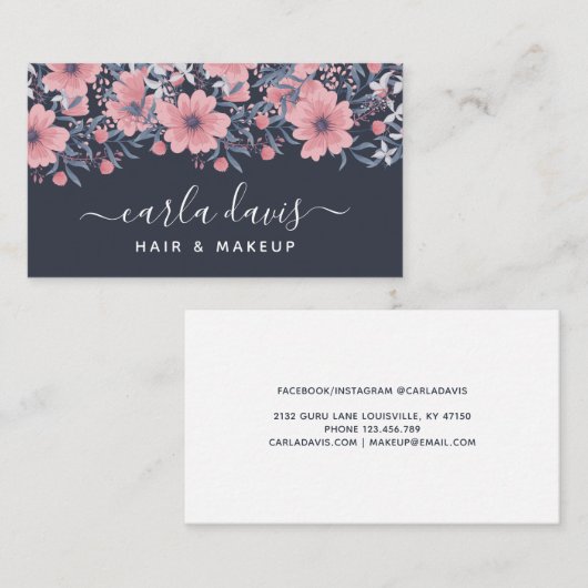 Elegante Roze Bloemen Navy Waterverf Bedrijf Visitekaartje (Voorkant / Achterkant)
