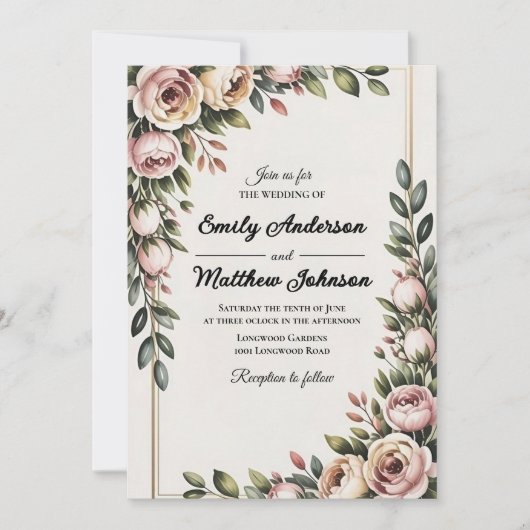 Elegante Roze Bloemen Ontwerper Huwelijksuitnodigi Kaart (Voorkant)