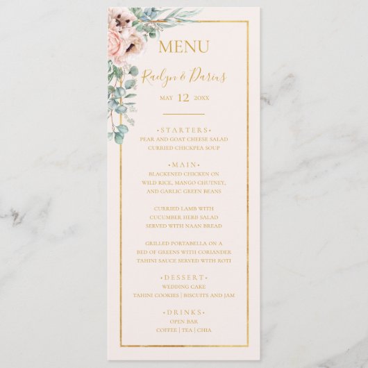 Elegante Roze Bloemen | Pastelkleurig Trouwdinerme Menu (Voorkant)