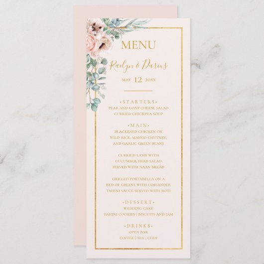 Elegante Roze Bloemen | Pastelkleurig Trouwdinerme Menu (Voorkant / Achterkant)