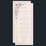 Elegante Roze Bloemen | Pastelkleurig Trouwdinerme Menu<br><div class="desc">Deze elegante roze bloemige | pastel trouwdiner menu is perfect voor je boho, roze lente botanische bruiloft. Het ontwerp bevat een gouden folie lijst met een eenvoudige waterverf perzik champagne roos, minimalistische salie groene eucalyptus groen, en een moderne unieke neutrale, koraal klaproos wilde bloem. Het ontwerp is een van luxe,...</div>
