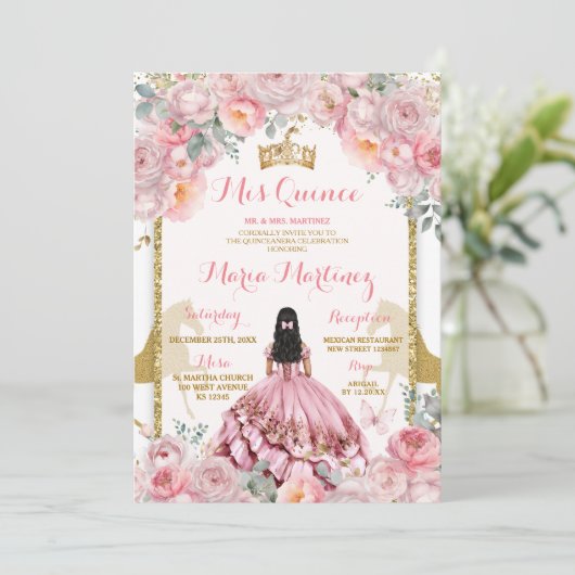 Elegante Roze Bloemen Prinses Butterfly Quinceañer Kaart (Staand voorkant)