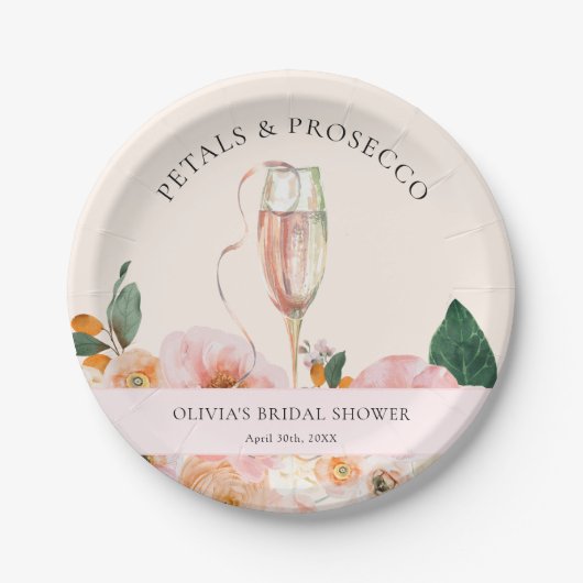 Elegante Roze Bloemen Prosecco Bruidsdouche Papieren Bordje (Voorkant)
