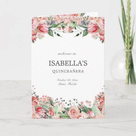 Elegante roze bloemen Quince Princess Padrinos Eve Programma (Voorkant)