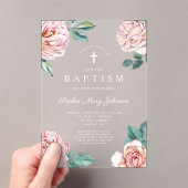 Elegante Roze Bloemen Religieuze Kruis Meisje Doop Acryl Uitnodigingen (Insitu (Draagbaar))