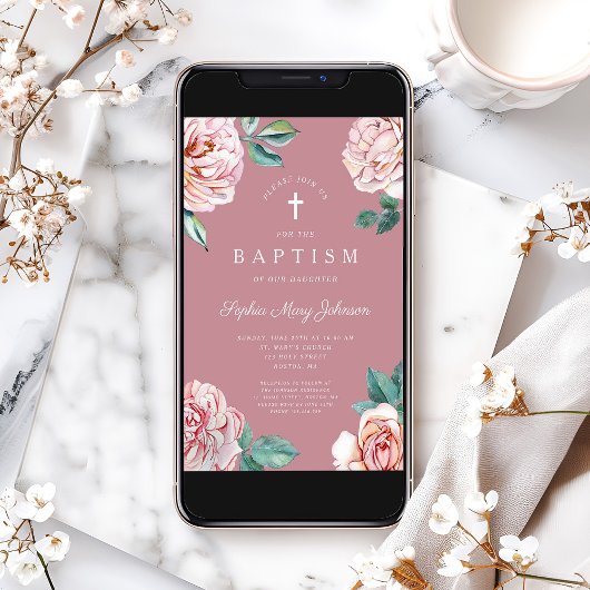 Elegante Roze Bloemen Religieuze Meisje Doop Kaart