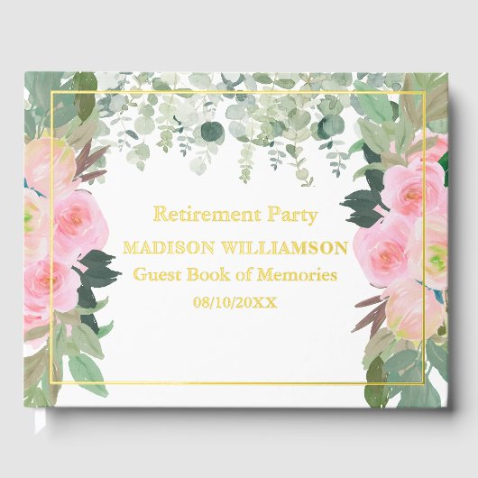 Elegante Roze Bloemen Retirement Party Gold Folie Gastenboek (Voorkant)