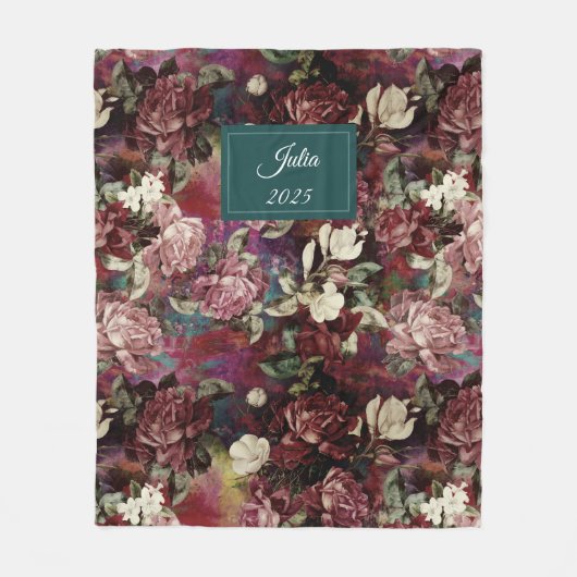 Elegante roze bloemen rood patroon monogram fleece deken (Voorkant)