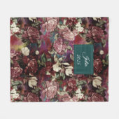 Elegante roze bloemen rood patroon monogram fleece deken (Voorkant (Horizontaal))