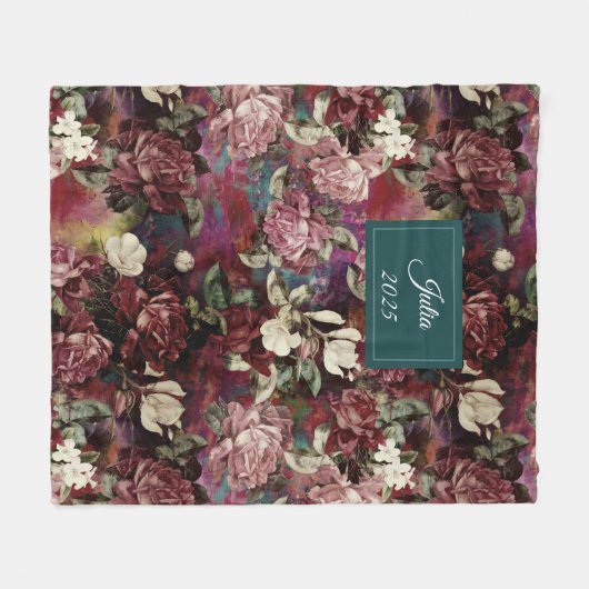 Elegante roze bloemen rood patroon monogram fleece deken (Voorkant (Horizontaal))
