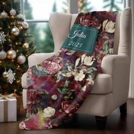 Elegante roze bloemen rood patroon monogram fleece deken