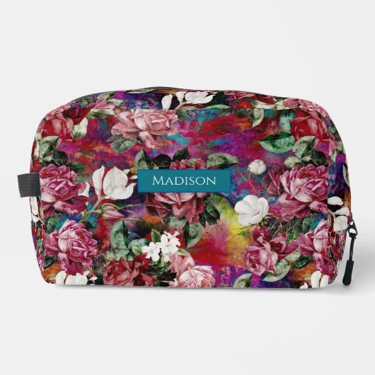 Elegante roze bloemen rood patroon monogram toilettasje (Voorkant)