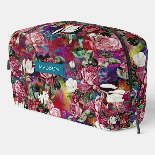 Elegante roze bloemen rood patroon monogram toilettasje (Rechterhoek)