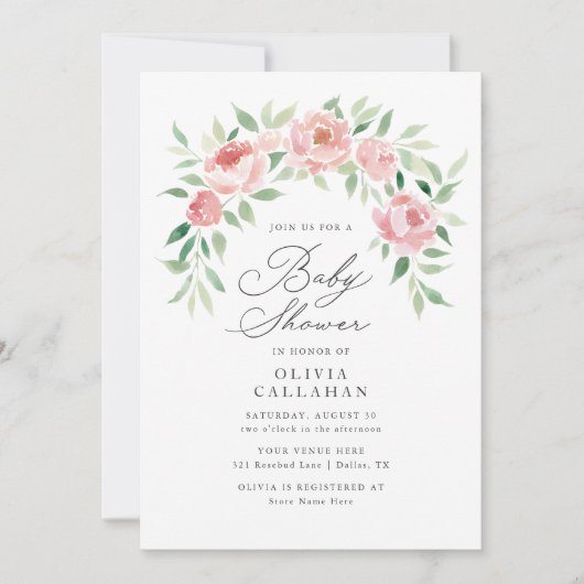 Elegante Roze Bloemen Rozen Pioenenboog Baby showe Kaart (Voorkant)