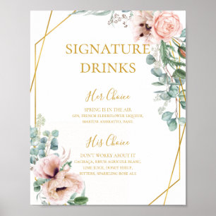Elegante Roze Bloemen   Signature Drankjes Bord Poster