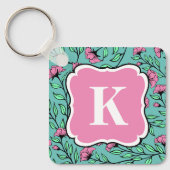 Elegante Roze Bloemen Sleutelhanger met Monogram (Voorkant)