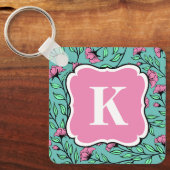 Elegante Roze Bloemen Sleutelhanger met Monogram (Voorkant)