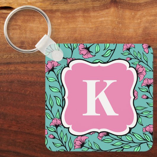 Elegante Roze Bloemen Sleutelhanger met Monogram (Voorkant)