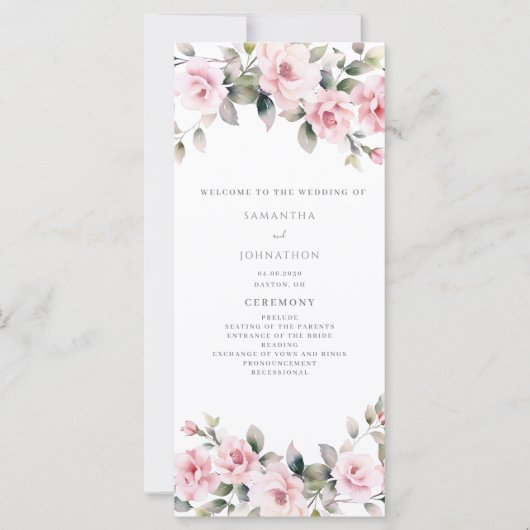 Elegante Roze Bloemen Trouwprogramma Flat Kaart (Voorkant)